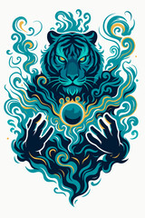 Divine Teal Tiger Guardian Holding Sacred Golden Orb With Mystical Smoke Curves Design
