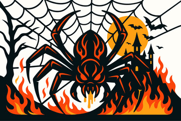 Creepy Giant Spider With Web And Haunted House Silhouette For Halloween Horror Theme Design
