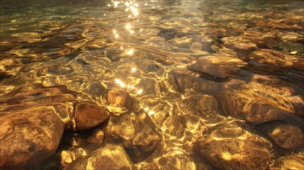 Sunlit River Stones with Reflective Water Surface Creating a Gorgeous Natural Scene Full of Serenity and Tranquility in a Clear Environment