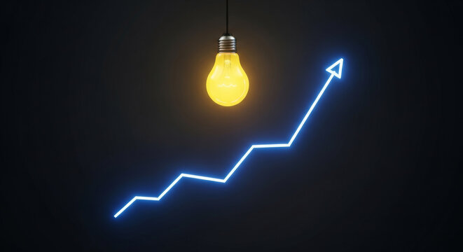 Bright idea leads to upward trend and financial growth represented by neon graph