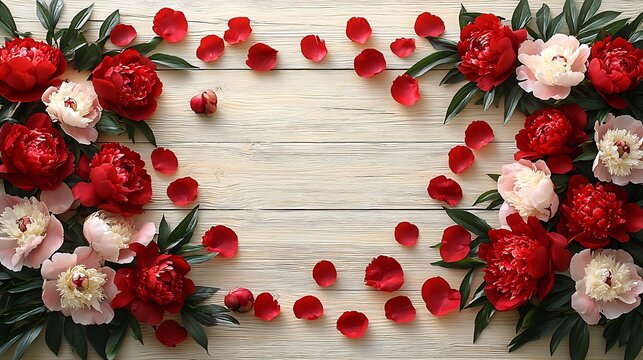 Top-down floral flat lay of vibrant red and soft blush peony blossoms and scattered petals on rustic wood, providing ample copy space, shot with bright, diffused lighting
