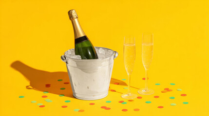 Champagne bottle chilling in an ice bucket with two flutes ready for a toast, surrounded by colorful confetti on a yellow background