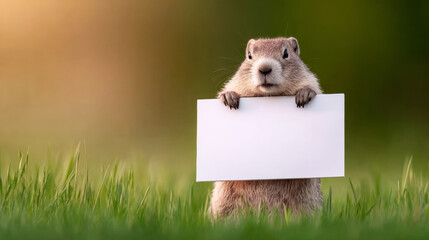 Naklejka premium Cute groundhog or beaver like animal presenting empty white signboard with both paws, standing in fresh green grass