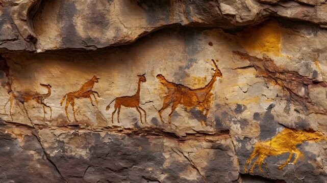 Acoma cave painting of animals, possibly giraffes or antelopes, on a rocky surface. The painting is characterized by its rustic, earthy tones, with the animals depicted in muted browns and grays.
