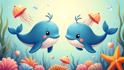 Fototapeta premium Adorable cartoon whales, jellyfish, starfish, and shells floating in a soft pastel underwater scene.