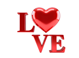 Red metallic letters spelling love with a heart isolated on transparent background