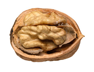 Walnut or Juglans regia with opened shell and kernel isolated on transparent or white background, png graphic design element 