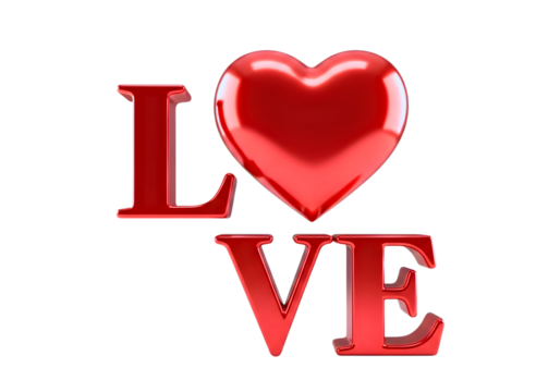 Red metallic letters spelling love with a heart isolated on transparent background