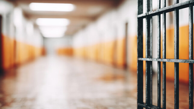 Open cell prison bars showing a blurred hallway, representing themes of freedom, justice, release, and a new beginning