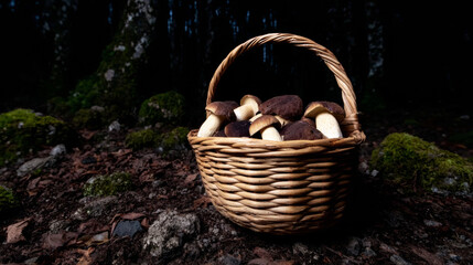 Wicker basket holding a harvest of edible boletus edulis mushrooms, just handpicked from its natural woodland habitat