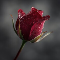 Dew-Kissed Crimson Rose Bud - Elegant Close-Up with Soft Focus and Dark Background.