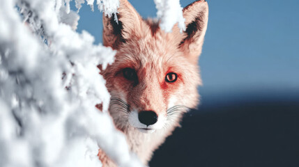 Obraz premium Red fox looking directly ahead, partially hidden by snow covered branches against a blue sky, reflecting winter wildlife