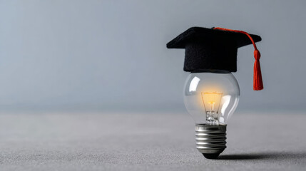 Light bulb wearing a graduation cap, representing concepts like education, knowledge, innovation, and academic success