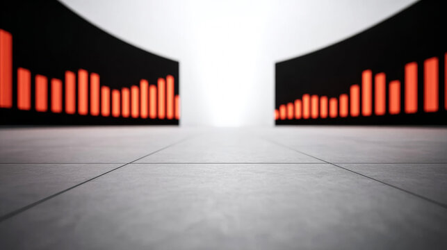 Digital bar charts visualizing financial data on curved screens in a modern, abstract environment, showcasing business growth - Powered by Adobe