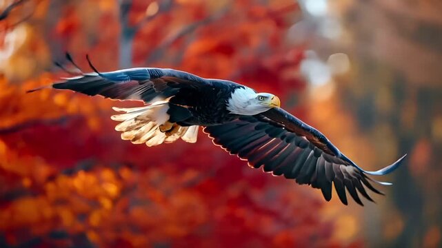 A vivid, highresolution photograph of a bald eagle in midflight against a backdrop of autumnal trees. The eagles wings are spread wide.