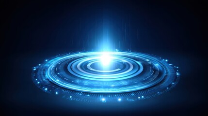 Abstract glowing blue circular light pattern emanating from the center, digital illumination with a high-tech futuristic feel on a dark background
