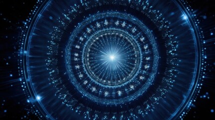 Abstract blue digital vortex with glowing particles and circular patterns representing technology, science, and futuristic concepts in endless motion