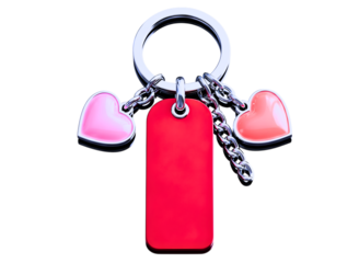 Red rectangular tag keychain with pink and orange hearts isolated on transparent background