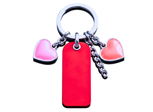Red rectangular tag keychain with pink and orange hearts isolated on transparent background