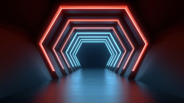 Futuristic neon illuminated hallway with hexagonal shapes radiating blue and red light in a dark atmospheric environment