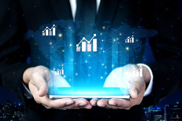 Visualization of global economic growth and stock market data. Financial chart analysis shows international business performance and investment opportunities in the world market. Fermion