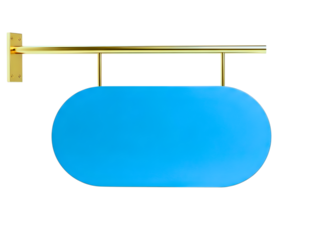 Blue oval hanging sign with gold bracket isolated on transparent background