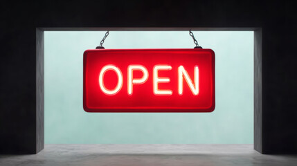 Vibrant red neon open sign glowing, hanging in a dark doorway, indicating a business is ready for customers