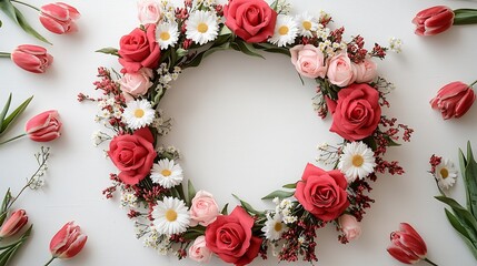 Top-down view of a festive spring floral wreath featuring red roses, pink roses, daisies, and tulips on a bright white backdrop with copy space
