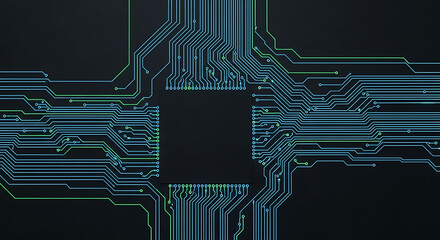 Abstract Circuit Board Background With Interconnected Electronic Components Representing Data Flow and Connectivity on Dark Background With Color Traces