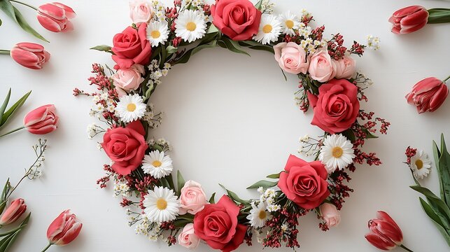 Top-down view of a festive spring floral wreath featuring red roses, pink roses, daisies, and tulips on a bright white backdrop with copy space - Powered by Adobe