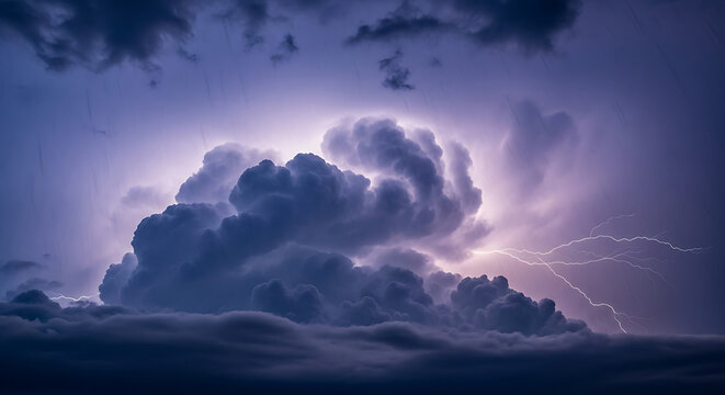 Dramatic storm clouds with lightning strikes illuminating the night sky with a purple hue ai generated