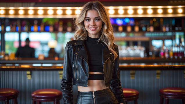Woman blonde leather jacket crop top mini skirt standing bar evening colored lights smiling confident generative AI