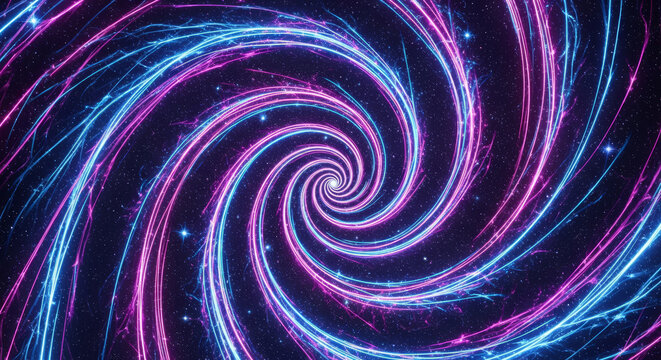 Vibrant glowing neon light trails swirling into a cosmic vortex abstract background