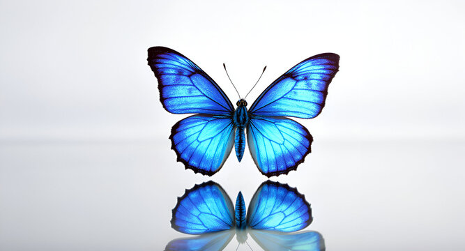  Electric blue butterfly landing on a reflective mirrored surface