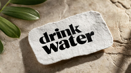 Fototapeta premium Hydration concept with drink water reminder on rough paper, green leaf, and natural stone, emphasizing self care and wellbeing