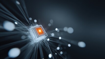 Futuristic Concept of Digital Technology with Microchip Surrounded by Glowing Particles and Light Rays in Dark Background