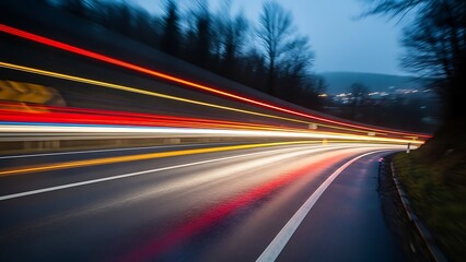 Dynamic light trails illuminate a winding highway at dusk, creating a sense of speed and movement for travel, technology, or transportation designs