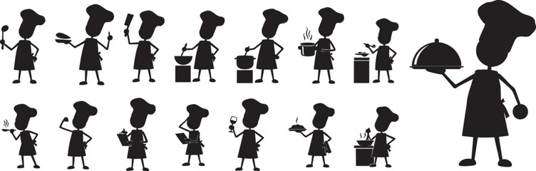 Chef Stickman Silhouette Cooking Icon Set | Funny Cooking Actions, Kitchen Activities