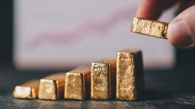 Hand stacking gold bars forming an ascending chart, symbolizing rising gold prices, investment opportunity, wealth growth and financial success in a volatile market
