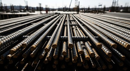 Sun-drenched Rebar Grid on Construction Site: Raw Steel Texture, Industrial Strength, and Dynamic Leading Lines.