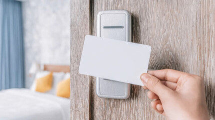Hand using smart key card opening electronic lock on a wooden hotel room door, accessing modern accommodation