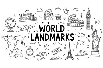 Obraz premium World landmarks doodle collection featuring iconic monuments and travel elements
