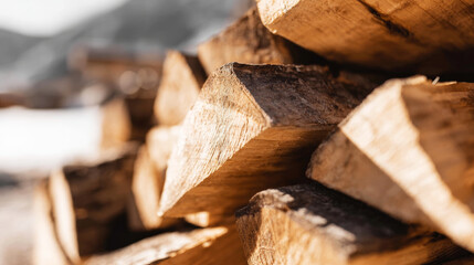 Firewood logs stacking, rustic wood pile for winter heating, natural energy source, sustainable fuel