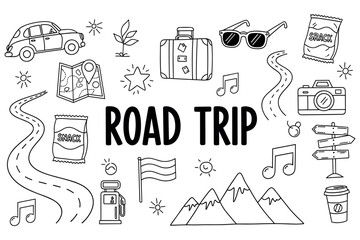 Road trip adventure: car, map, suitcase, sunglasses, snacks, and more