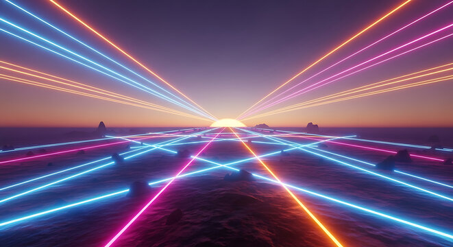 Abstract Neon Light Rays Landscape Background with Synthwave Vapourwave Futuristic Geometric Design Retro Style and Glowing Lines Pattern Perspective View