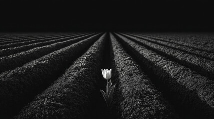 Solitary white tulip standing out in textured black and white field rows, symbolizing individuality and uniqueness