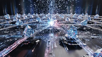 Futuristic Network of Interconnected Data Nodes with Glowing Pathways and Digital Information Flow Representing Advanced Technology and Global Connectivity. - Powered by Adobe