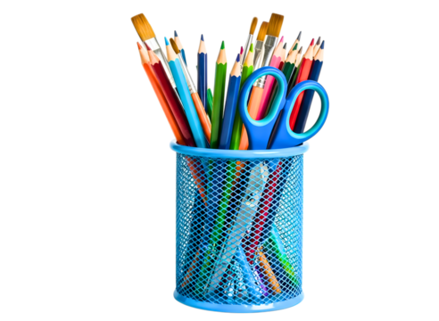 Art supplies in a blue mesh holder isolated on transparent background