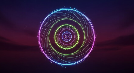 Glowing Neon Concentric Circles Rotating in Hypnotic Motion on Dark Background for Abstract Representation of Energy and Technological Singularity