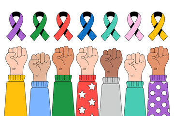 Diverse fists raised in solidarity, supporting global awareness, community, and human rights.